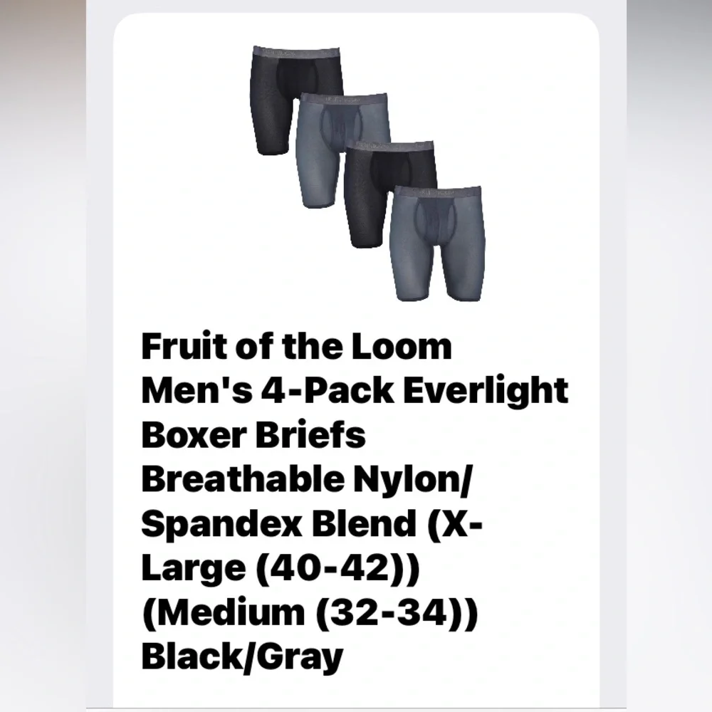 New Fruit of the Loom 4-Pack Everlight Boxer Briefs Breathable Nylon/Spandex Med